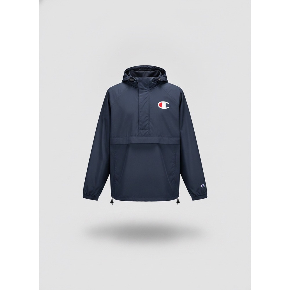 Champion Mens Packable Anorak Windbreaker Jacket Navy Blue Pullover Big C Logo